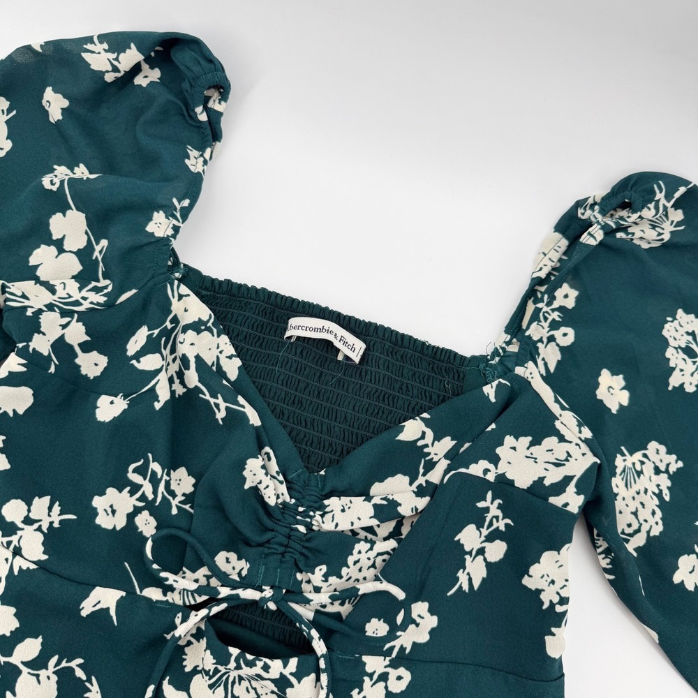 Abercrombie Fitch Green Floral Smocked Women Small Puff Sleeve Crop Top Blouse S